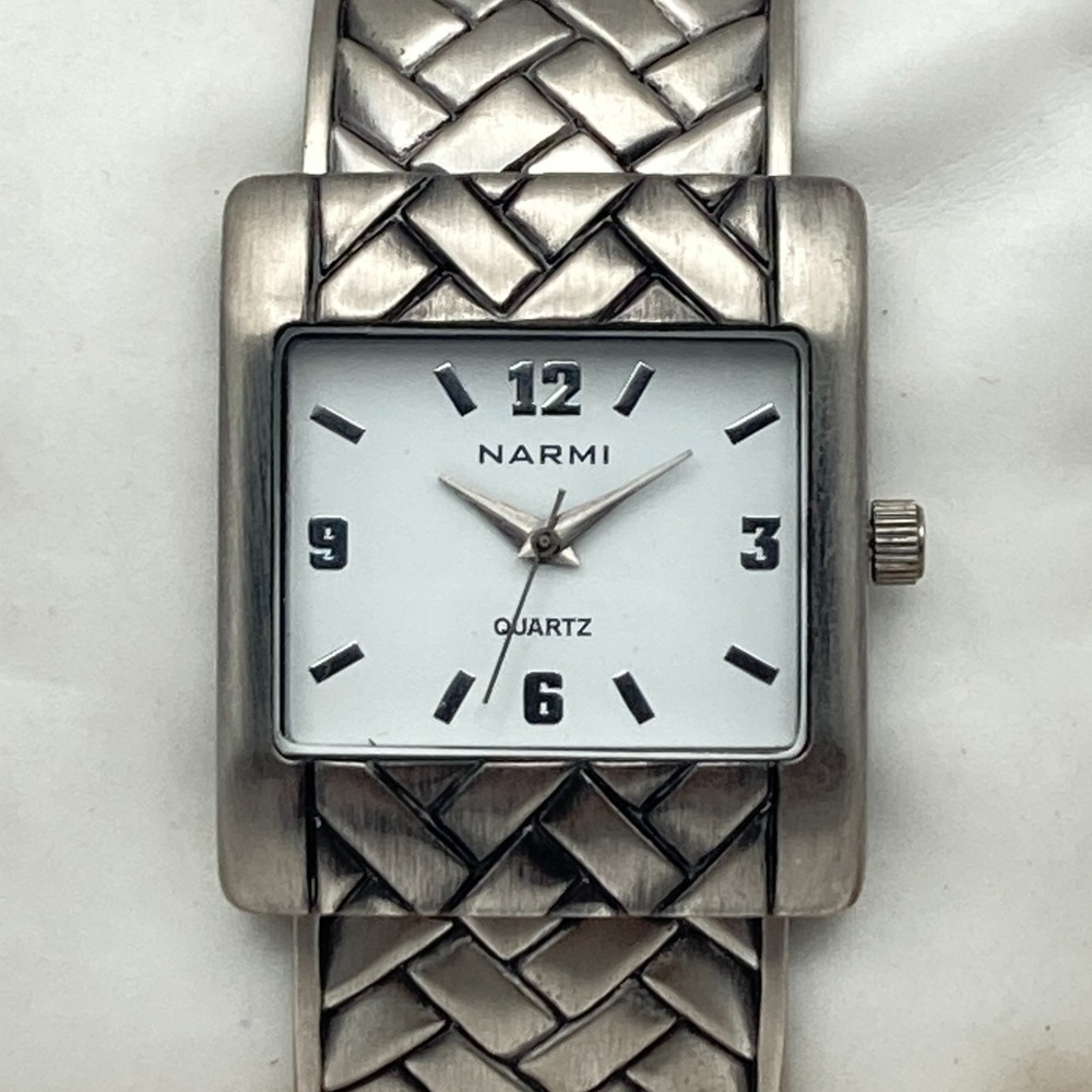 Narmi Women's Watch Silver Tone 31mm Woven Cuff Brushed New Battery 6.25"